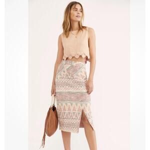 FREE PEOPLE SZ L MENDOCINO WOVEN HIGH WAIST PENCIL MIDI SKIRT W SLIT